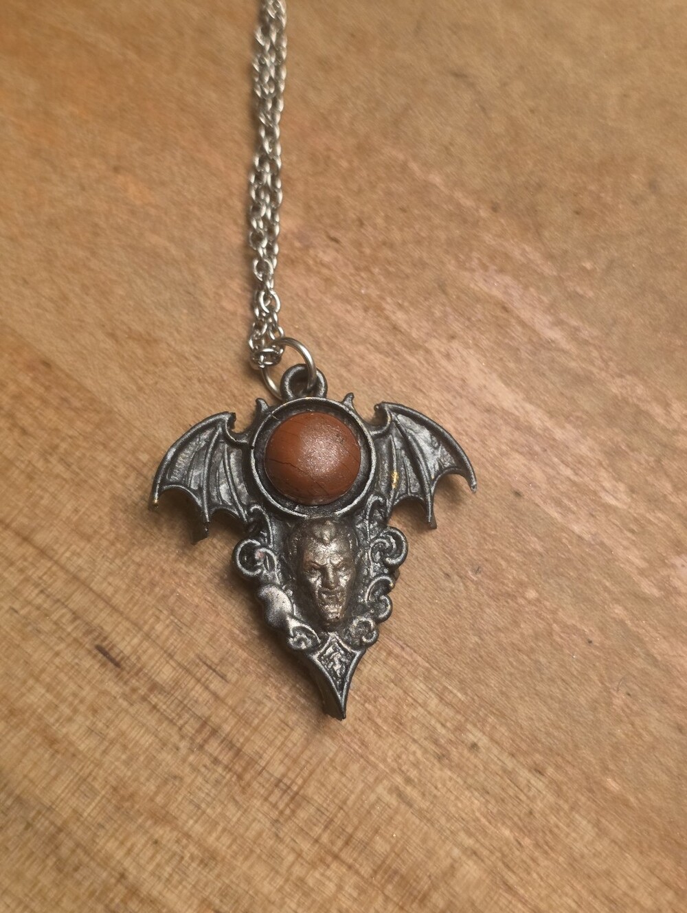 Dracula & Bat With Gemstone Center On Silvrr Chain Necklace Halloween / Goth